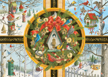 A beautifully illustrated jigsaw puzzle titled "Christmas Songbirds" by Ravensburger, featuring colorful songbirds perched among festive wreaths, birdhouses, and holiday decorations in a wintry landscape.
