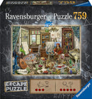 The Artist's Studio jigsaw puzzle by Ravensburger featuring a detailed illustration of an artist's workspace with easels, paints, and various art supplies. The scene includes a window with a scenic view, a parrot perched nearby, and a lively array of artistic tools and objects scattered around the room.