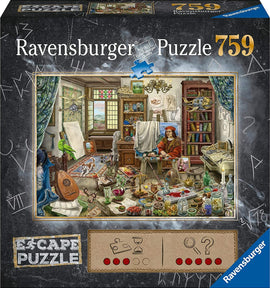 The Artist's Studio jigsaw puzzle by Ravensburger featuring a detailed illustration of an artist's workspace with easels, paints, and various art supplies. The scene includes a window with a scenic view, a parrot perched nearby, and a lively array of artistic tools and objects scattered around the room.