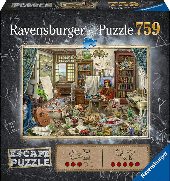 The Artist's Studio jigsaw puzzle by Ravensburger featuring a detailed illustration of an artist's workspace with easels, paints, and various art supplies. The scene includes a window with a scenic view, a parrot perched nearby, and a lively array of artistic tools and objects scattered around the room.