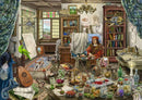 A detailed and colorful jigsaw puzzle illustration titled 'The Artist's Studio' by Ravensburger. The scene depicts a cluttered artist's workspace filled with various tools, paintbrushes, and colorful jars of paint. A portrait of a man in Renaissance attire is partially completed on an easel, surrounded by books, a musical instrument, and vibrant decorative elements such as a green parrot and a curious dog. Natural light streams through the window, illuminating the creative chaos of the studio.