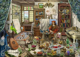 A detailed and colorful jigsaw puzzle illustration titled 'The Artist's Studio' by Ravensburger. The scene depicts a cluttered artist's workspace filled with various tools, paintbrushes, and colorful jars of paint. A portrait of a man in Renaissance attire is partially completed on an easel, surrounded by books, a musical instrument, and vibrant decorative elements such as a green parrot and a curious dog. Natural light streams through the window, illuminating the creative chaos of the studio.