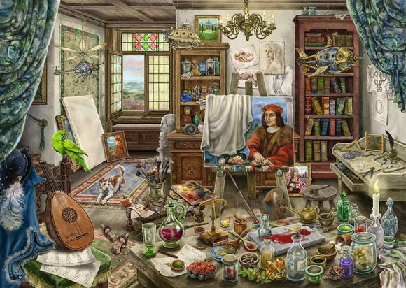 A detailed and colorful jigsaw puzzle illustration titled 'The Artist's Studio' by Ravensburger. The scene depicts a cluttered artist's workspace filled with various tools, paintbrushes, and colorful jars of paint. A portrait of a man in Renaissance attire is partially completed on an easel, surrounded by books, a musical instrument, and vibrant decorative elements such as a green parrot and a curious dog. Natural light streams through the window, illuminating the creative chaos of the studio.