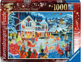 A colorful jigsaw puzzle box featuring 'The Christmas House' by Ravensburger. The illustration depicts a festive winter scene with a decorated house adorned with lights, surrounded by joyful families engaging in holiday activities. The puzzle is designed for 1000 pieces and highlights Christmas decorations, including Christmas trees, presents, and characters in winter clothing. The box showcases a limited edition design, emphasizing the enchanting holiday spirit.