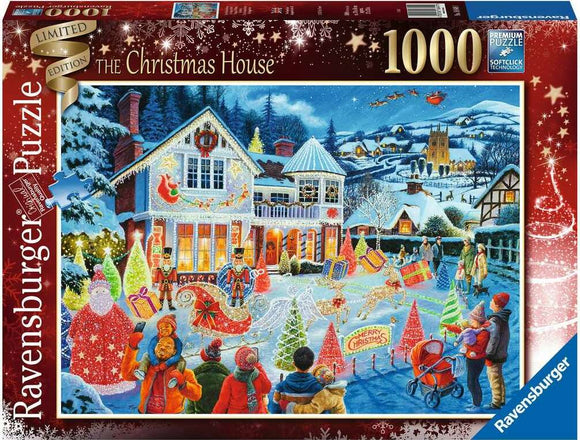 A colorful jigsaw puzzle box featuring 'The Christmas House' by Ravensburger. The illustration depicts a festive winter scene with a decorated house adorned with lights, surrounded by joyful families engaging in holiday activities. The puzzle is designed for 1000 pieces and highlights Christmas decorations, including Christmas trees, presents, and characters in winter clothing. The box showcases a limited edition design, emphasizing the enchanting holiday spirit.