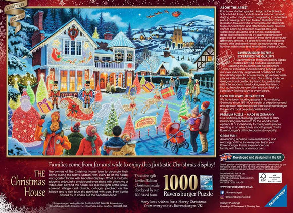 A captivating jigsaw puzzle titled 'The Christmas House' by Ravensburger, featuring a beautifully decorated winter scene. The image showcases a charming house adorned with bright lights and festive decorations, surrounded by a snowy landscape. Families are depicted enjoying the holiday season, with Santa, playful children, and colorful gifts. The scene exudes warmth and joy, making it a perfect piece for Christmas enthusiasts.