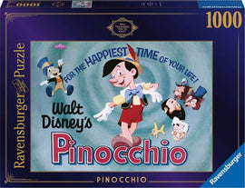 A Ravensburger jigsaw puzzle featuring Disney's Pinocchio, showcasing Pinocchio with his signature red outfit and blue bow tie, surrounded by iconic characters including Jiminy Cricket and Geppetto. The colorful art reads 'Walt Disney's Pinocchio' and includes the phrase 'For the Happiest Time of Your Life!' This 1000-piece puzzle offers a nostalgic experience for Disney fans and puzzle enthusiasts alike.