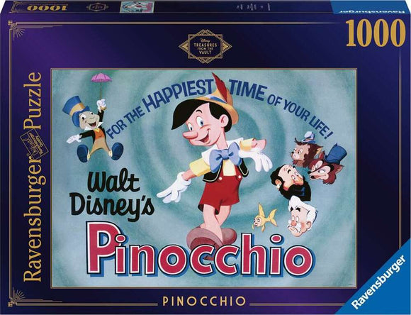A Ravensburger jigsaw puzzle featuring Disney's Pinocchio, showcasing Pinocchio with his signature red outfit and blue bow tie, surrounded by iconic characters including Jiminy Cricket and Geppetto. The colorful art reads 'Walt Disney's Pinocchio' and includes the phrase 'For the Happiest Time of Your Life!' This 1000-piece puzzle offers a nostalgic experience for Disney fans and puzzle enthusiasts alike.
