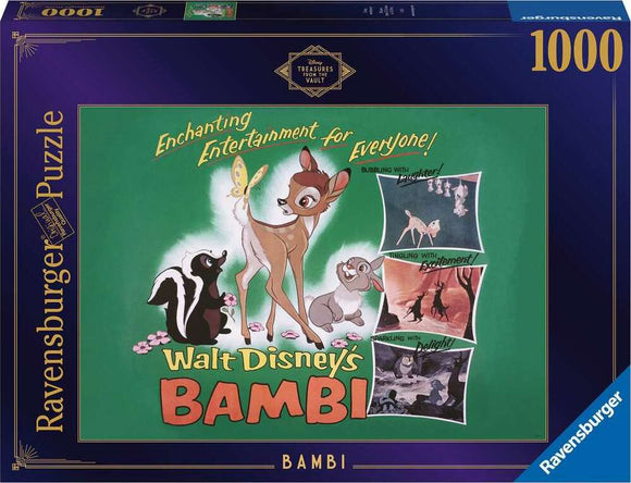 Disney Vault: Bambi jigsaw puzzle by Ravensburger featuring colorful illustrations of Bambi, Thumper, and Flower. The box includes scenes from the classic film, designed for enjoyment by all ages. This 1000-piece puzzle offers a fun and engaging activity for Disney fans and puzzle enthusiasts.