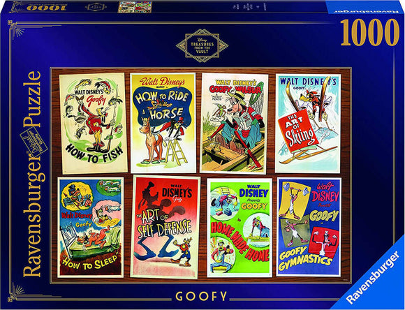 Disney Vault: Goofy jigsaw puzzle by Ravensburger featuring eight vintage Goofy illustrations. The puzzle showcases playful covers like 'How to Fish,' 'How to Sleep,' and 'The Art of Skiing' against an elegant blue background. This 1000-piece puzzle is perfect for Disney fans and puzzle enthusiasts alike, promising hours of engaging fun.