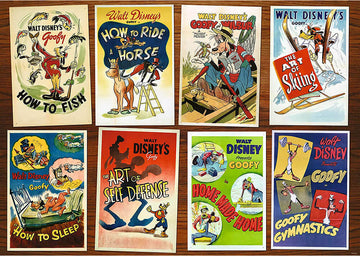 A colorful collage of vintage cartoon covers featuring Walt Disney's Goofy. The covers include titles like 'How to Fish', 'How to Sleep', 'The Art of Skiing', 'How to Ride a Horse', 'Home Made Home', 'The Art of Self Defense', and 'Goofy Gymnastics'. The artwork showcases Goofy in various humorous scenarios, highlighting his goofy and clumsy nature.