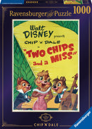 Disney Vault jigsaw puzzle featuring Chip and Dale from the classic cartoon 'Two Chips and a Miss.' The image showcases Chip and Dale in tuxedos with a female character, all surrounded by vibrant colors and playful design elements. This 1000-piece puzzle is perfect for families and Disney fans alike.