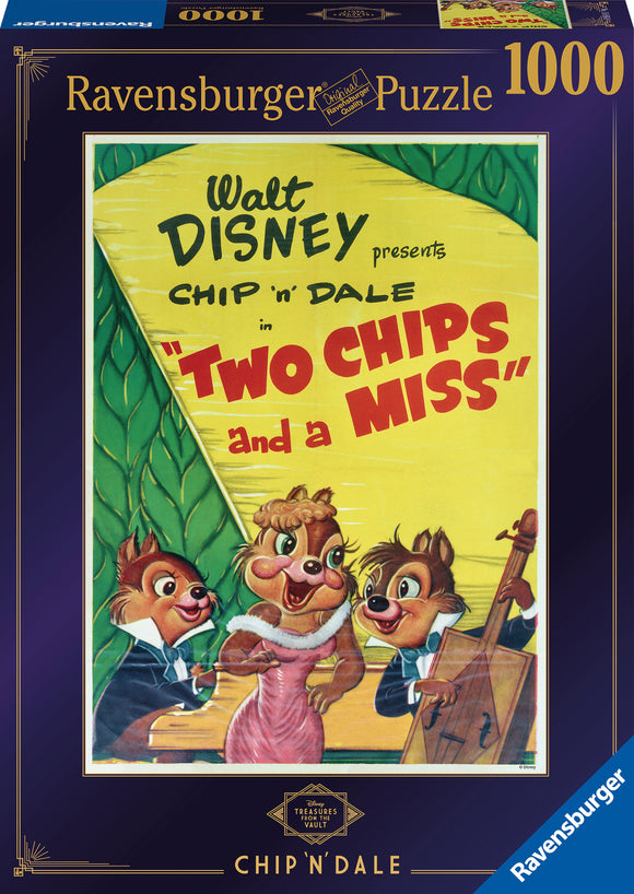 Disney Vault jigsaw puzzle featuring Chip and Dale from the classic cartoon 'Two Chips and a Miss.' The image showcases Chip and Dale in tuxedos with a female character, all surrounded by vibrant colors and playful design elements. This 1000-piece puzzle is perfect for families and Disney fans alike.