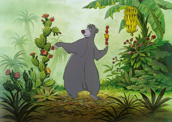 The Disney Vault: Baloo jigsaw puzzle features the iconic bear Baloo surrounded by lush tropical vegetation and vibrant plants. Baloo joyfully holds fruit and stands in a lively jungle setting, capturing a delightful moment from Disney's classic animation.