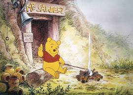 A jigsaw puzzle featuring Winnie the Pooh sitting outside his house, Mr. Sanders. He is smiling and holding up a finger. In the background, there are honey pots and a small campfire has smoke rising from it. The scene is surrounded by lush greenery.