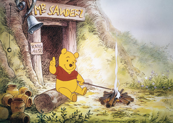 A jigsaw puzzle featuring Winnie the Pooh sitting outside his house, Mr. Sanders. He is smiling and holding up a finger. In the background, there are honey pots and a small campfire has smoke rising from it. The scene is surrounded by lush greenery.