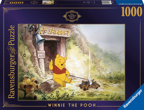 Disney Vault jigsaw puzzle featuring Winnie The Pooh sitting in a forest setting. Pooh wears a red shirt and is depicted next to a campfire with various wooden items around. A sign with 'Mr. Sanders' is visible, adding to the charming, nostalgic atmosphere of the scene.
