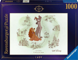 A Ravensburger 1000-piece jigsaw puzzle featuring a charming illustration of Lady and the Tramp from Walt Disney, showcasing their iconic scenes and characters in a whimsical design.