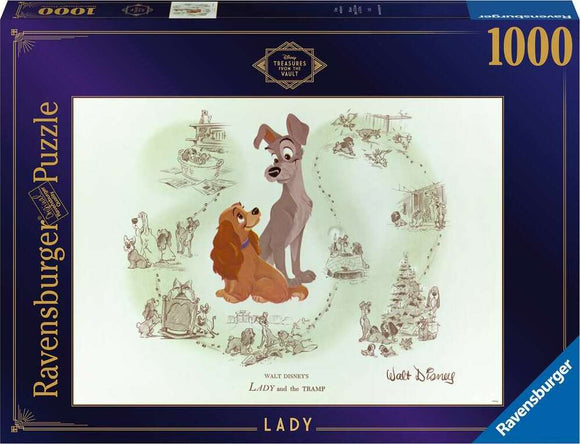 A Ravensburger 1000-piece jigsaw puzzle featuring a charming illustration of Lady and the Tramp from Walt Disney, showcasing their iconic scenes and characters in a whimsical design.