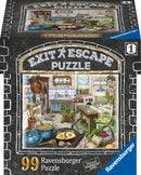 A Ravensburger jigsaw puzzle titled 'Exit Escape Puzzle', featuring a detailed, illustrated scene of a rustic kitchen with pots, pans, and fresh ingredients. It showcases a cozy atmosphere with a vintage stove, colorful tablecloths, and wooden furniture, inviting puzzle enthusiasts to immerse themselves in the image.