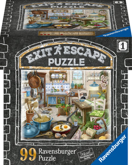 A Ravensburger jigsaw puzzle titled 'Exit Escape Puzzle', featuring a detailed, illustrated scene of a rustic kitchen with pots, pans, and fresh ingredients. It showcases a cozy atmosphere with a vintage stove, colorful tablecloths, and wooden furniture, inviting puzzle enthusiasts to immerse themselves in the image.