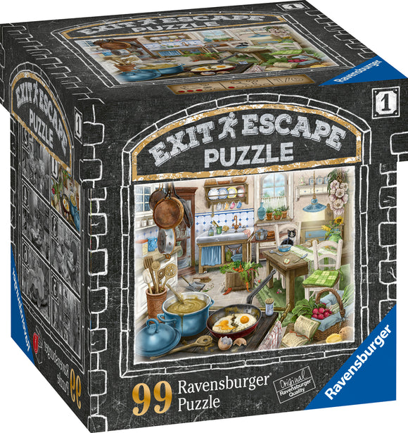 A Ravensburger jigsaw puzzle titled 'Kitchen.' The detailed illustration showcases a cozy kitchen filled with cooking utensils, a pot on the stove, fresh vegetables, and an inviting atmosphere. Perfect for puzzle lovers and family activities.