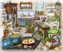 A vibrant jigsaw puzzle featuring a cozy kitchen scene. The illustration depicts various cooking utensils, pots with food, and an array of fresh vegetables on a rustic wooden table. A black cat sits on a chair, adding warmth to the inviting atmosphere. The kitchen is adorned with colorful plates and hanging pots, creating a charming, homey feel.