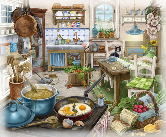 A vibrant jigsaw puzzle featuring a cozy kitchen scene. The illustration depicts various cooking utensils, pots with food, and an array of fresh vegetables on a rustic wooden table. A black cat sits on a chair, adding warmth to the inviting atmosphere. The kitchen is adorned with colorful plates and hanging pots, creating a charming, homey feel.