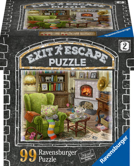 Ravensburger jigsaw puzzle titled 'Living Room' featuring a cozy space with a green armchair, colorful throw pillows, a wooden coffee table adorned with teacups, and a fireplace. The background includes a bookshelf and various decorative items, creating a warm, inviting atmosphere. The puzzle's box shows it contains 99 pieces.