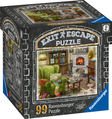 Ravensburger Living Room jigsaw puzzle box featuring a cozy interior scene with a green armchair, a coffee table set with tea, books, and a fireplace. The design showcases intricate details such as colorful cushions, decorative items, and a warm atmosphere, ideal for puzzle enthusiasts looking for a charming living room setup.
