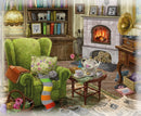 A beautifully illustrated jigsaw puzzle featuring a cozy living room scene. The image shows a green armchair with a decorative pillow, a side table adorned with teacups and a teapot, and a roaring fireplace. A bookshelf filled with colorful books is in the background, alongside framed photos and a vintage gramophone. Cozy elements like yarn and a basket add warmth to the inviting atmosphere.