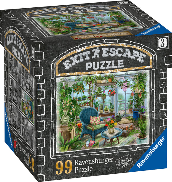 A Ravensburger jigsaw puzzle titled 'Winter Garden' features a beautifully illustrated scene of a lush, vibrant greenhouse. The image showcases a cozy seating area surrounded by various plants, flowers, and a bright window, creating an inviting and tranquil atmosphere for puzzle enthusiasts.