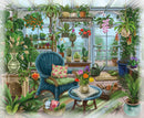 A beautifully detailed illustration of a cozy winter garden filled with various plants, flowers, and gardening tools. In the center, a blue wicker chair adorned with a floral cushion sits beside a round table with a lace doily and a bouquet of colorful flowers. Shelves brimming with pots of greenery and hanging plants decorate the sunlit greenhouse, creating a tranquil and inviting atmosphere.