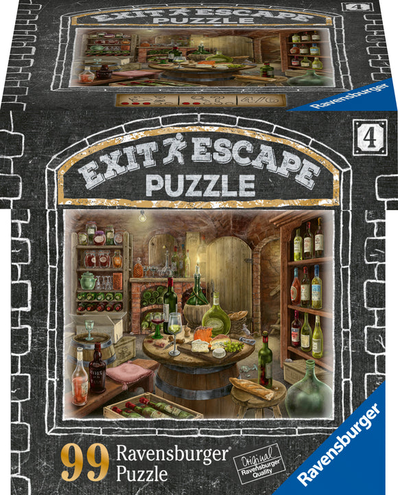 A Ravensburger 99-piece jigsaw puzzle titled 'Wine Cellar'. The image features a rustic wine cellar filled with bottles of wine, a wooden table with various cheeses, and barrels. The warm, cozy atmosphere is highlighted by wooden walls and shelves loaded with colorful glassware.