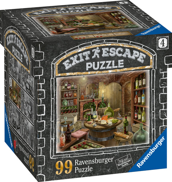 A Ravensburger jigsaw puzzle titled 'Wine Cellar', featuring a beautiful illustration of a rustic wine cellar filled with various bottles, cheeses, and glasses, set against a cozy wooden backdrop. The puzzle comes in a colorful box, showing the completed image on the front.