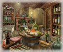A detailed jigsaw puzzle image featuring a cozy wine cellar filled with wooden barrels, shelves of assorted bottles, a table with cheeses and grapes, lit with warm light. The atmosphere is complemented by a rustic stone wall and scattered glassware, creating an inviting ambiance.