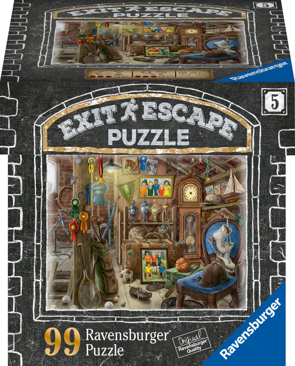 Ravensburger 'Attic' jigsaw puzzle box featuring a colorful, cluttered attic scene filled with sports trophies, a clock, framed photos, and various household items. The design showcases numerous details that invite puzzlers to explore and discover the hidden elements in the artwork.
