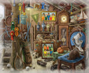 A detailed jigsaw puzzle image depicting a cluttered attic filled with various sports equipment, trophies, and memorabilia. The scene features bicycles, golf clubs, a soccer ball, skates, and several framed photos of children in sports attire. Vintage items like a clock and an old suitcase add character, while ribbons and medals hang from a wooden beam, creating a nostalgic atmosphere.