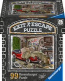 Ravensburger Garage jigsaw puzzle featuring a classic red car in a cluttered garage setting. The scene includes various tools, jars, and a workbench, all set under a warm ambiance, inviting puzzle enthusiasts to enjoy a detailed and engaging experience.