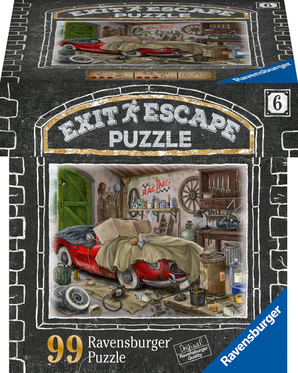 Ravensburger Garage jigsaw puzzle featuring a classic red car in a cluttered garage setting. The scene includes various tools, jars, and a workbench, all set under a warm ambiance, inviting puzzle enthusiasts to enjoy a detailed and engaging experience.