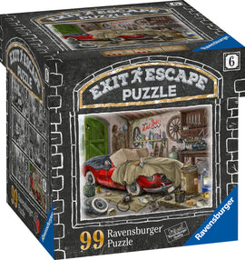Ravensburger 'Garage' jigsaw puzzle packaging featuring a cozy garage scene with a red car, tools, and various garage items. The box displays the title 'EXIT ESCAPE PUZZLE' and shows a detailed illustration indicative of a fun and engaging theme puzzle. Perfect for puzzle enthusiasts and family game nights.