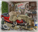 A detailed illustration of a red vintage car partially covered in a green cloth inside a rustic garage. The scene features various tools, cans, and equipment scattered around, with a green door, a racing sign on the wall, and other garage items that evoke a sense of nostalgia and craftsmanship.
