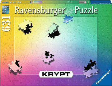 Ravensburger Krypt Gradient jigsaw puzzle featuring a visually striking gradient of colors from pink to green, with several pieces displayed on the corner. The box showcases the brand name and puzzle design with 'KRYPT' prominently featured.