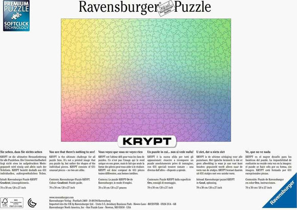 Ravensburger Krypt Gradient jigsaw puzzle showcasing a vibrant gradient design transitioning from pastel colors. The puzzle features 631 unique pieces that create an engaging challenge, with no distinct image, emphasizing the puzzle-solving experience.