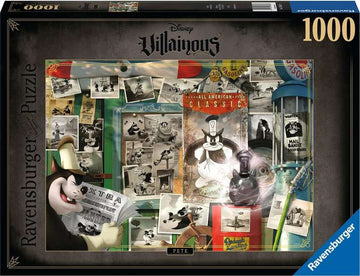 A 1000-piece jigsaw puzzle featuring Disney's Pete from the Villainous series. The artwork includes various nostalgic images and references to classic animations, showcasing Pete holding a newspaper among a collage of vintage cartoons, posters, and items related to his character.