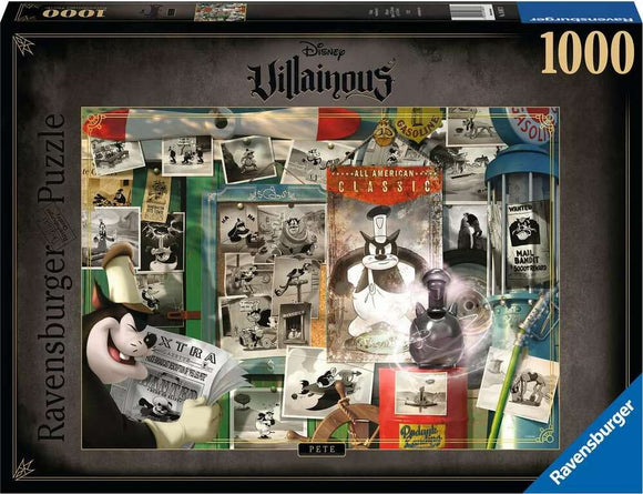 A 1000-piece jigsaw puzzle featuring Disney's Pete from the Villainous series. The artwork includes various nostalgic images and references to classic animations, showcasing Pete holding a newspaper among a collage of vintage cartoons, posters, and items related to his character.