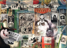A vibrant jigsaw puzzle featuring Disney's Pete surrounded by vintage comic-style illustrations and newspaper clippings. The scene showcases various antics of Pete and classic cartoon elements, including a wanted poster and whimsical props, perfect for fans of Disney and puzzle enthusiasts.