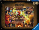 Disney Villainous: Gaston jigsaw puzzle featuring a vibrant illustration of Gaston surrounded by various Disney villains and magical elements. The scene captures his boastful character with a fireplace and eerie green flames in the background, with a total of 1000 pieces to challenge puzzle enthusiasts.
