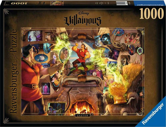 Disney Villainous: Gaston jigsaw puzzle featuring a vibrant illustration of Gaston surrounded by various Disney villains and magical elements. The scene captures his boastful character with a fireplace and eerie green flames in the background, with a total of 1000 pieces to challenge puzzle enthusiasts.