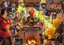 A vibrant jigsaw puzzle featuring Gaston from Disney's Beauty and the Beast. Gaston stands confidently in the center, with a mirror in one hand reflecting his image. The background showcases a cozy room adorned with images of various Disney villains, antlers, and a roaring fireplace that adds warmth to the scene. The puzzle captures Gaston’s character and charm with green magical energy swirling around him.
